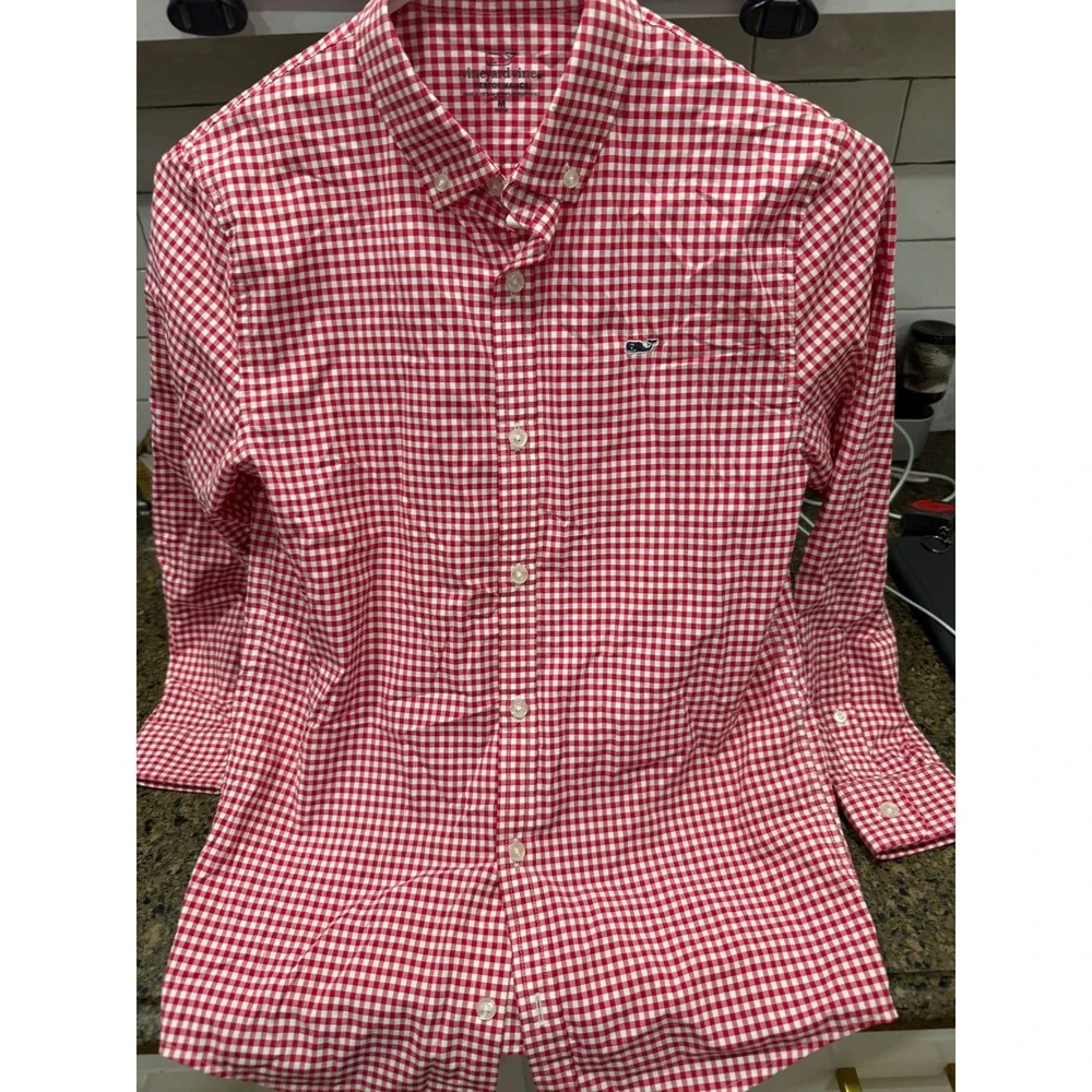Vineyard‎ Vines Performance Gingham Shirt Red White boy's M 12-14 Button Down